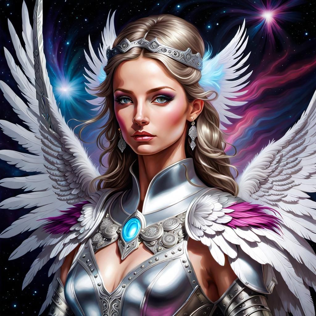 Ethereal Angel with Neon Wings in Cosmic Starburst