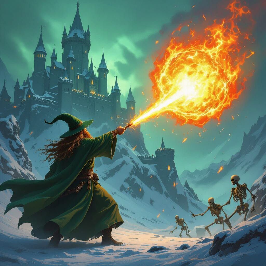 Nordic Sorcerer Casts Fireball at Snowy Fortress