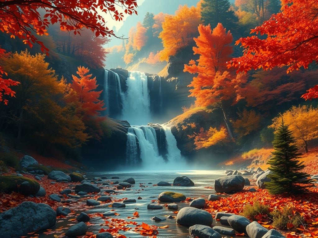 Klimt-Inspired Autumn Waterfall with Magical Forest