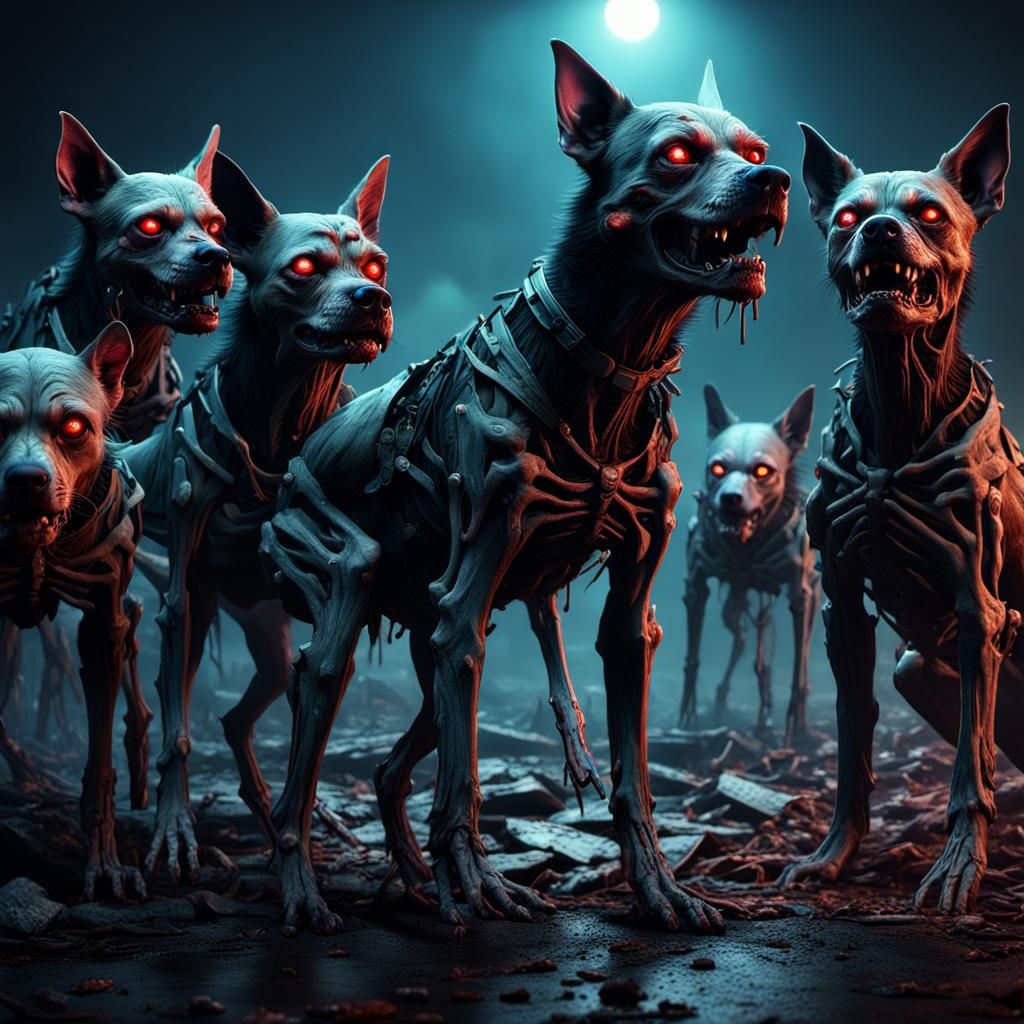 Post-Apocalyptic Zombie Dogs in Dark Fantasy Style