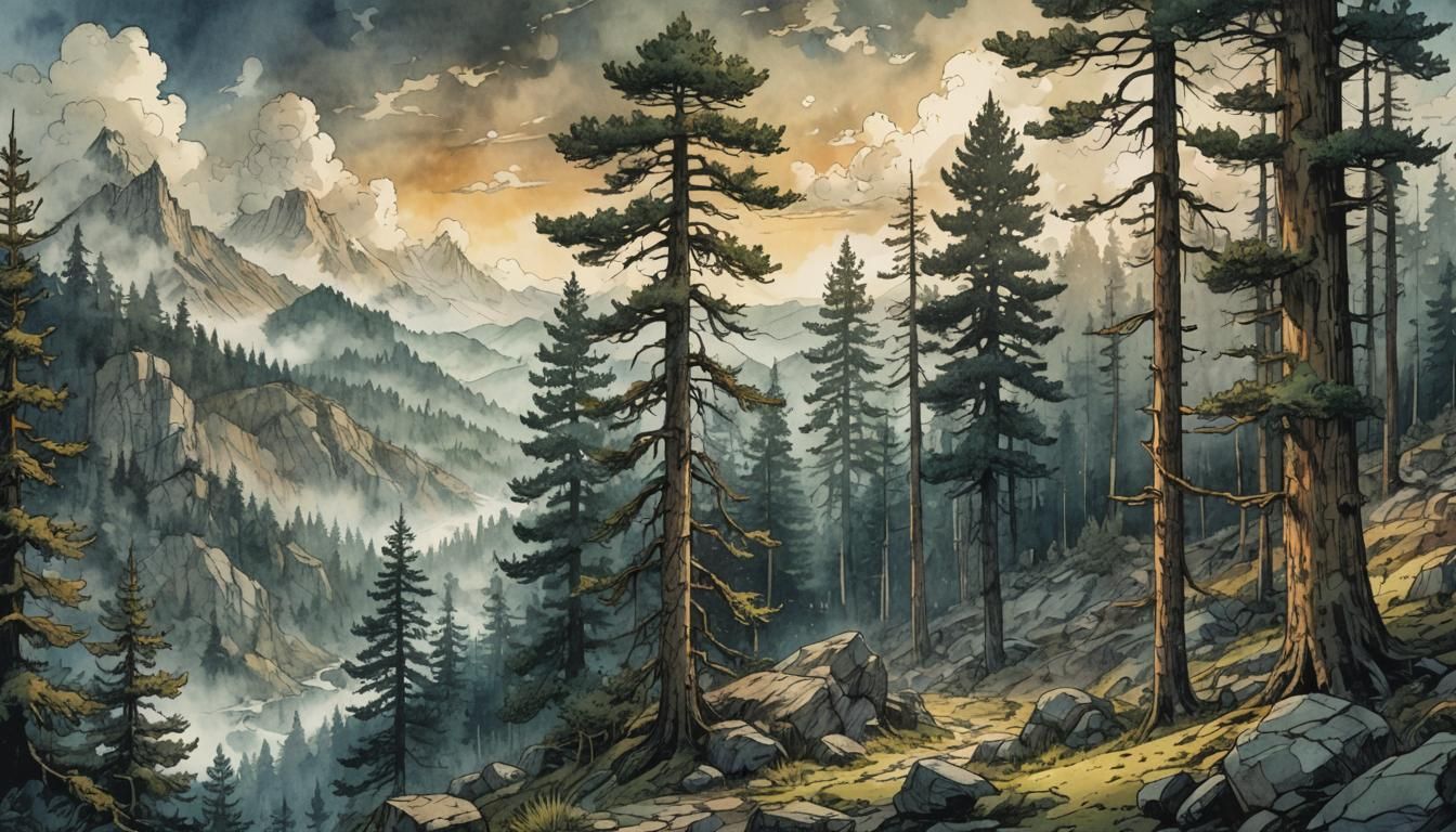 Dense Forms Emerge in a Retro-Futuristic Pine Forest