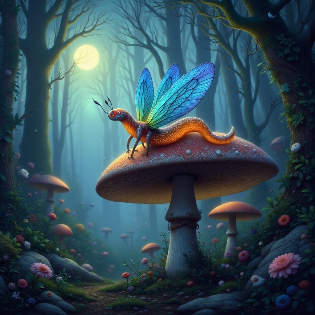Bioluminescent Winged Worm on Mushroom in Enchanted Forest