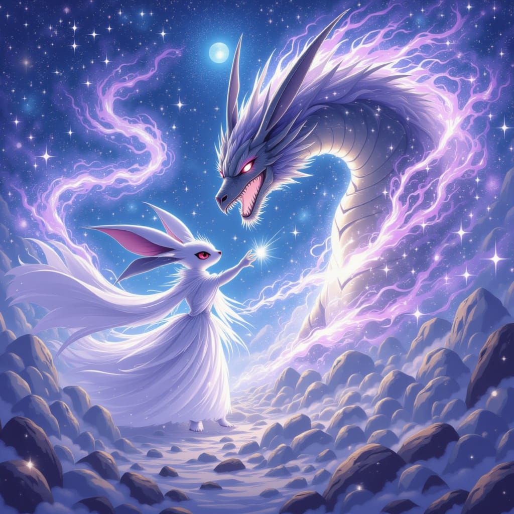 Starlight Eevee Battles Cosmic Dragon in Anime Style