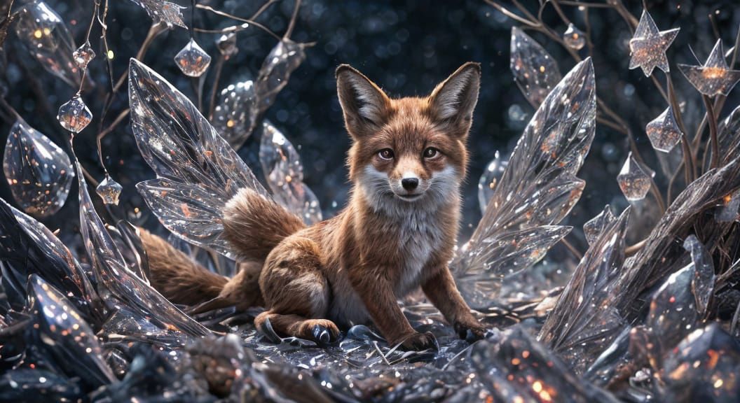 Glistening Ruby Fox Wearing Frayed Ribbon and Sparkling Mosa...