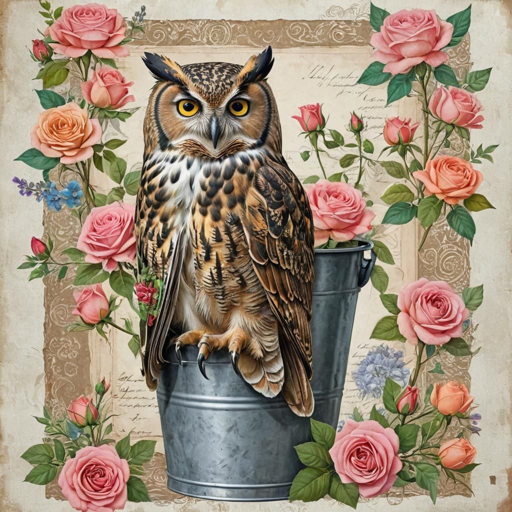 Owl in Rose Garden: Vivid Paper Collage Art