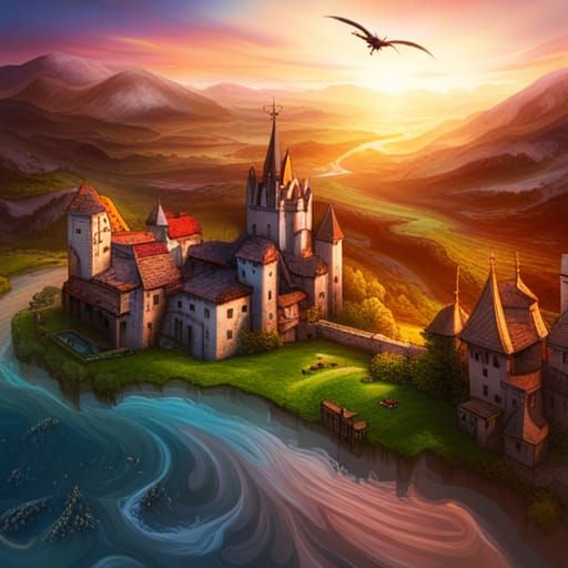 Wyverns Fly Over Medieval Town: Fantasy Concept Art