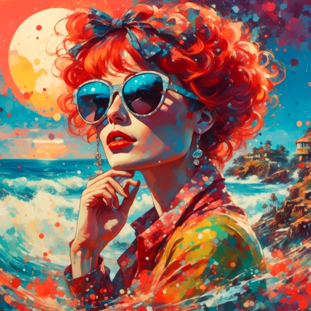 Retro Sixties Woman with Bioluminescent Waves in Splatter Ar...