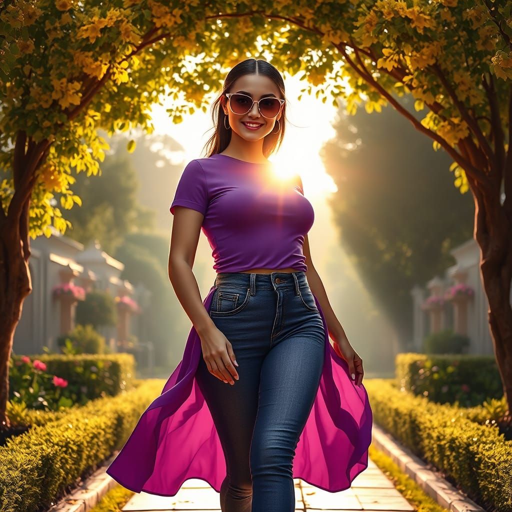 Curvy Woman in Purple Outfit, Matte Painting Style