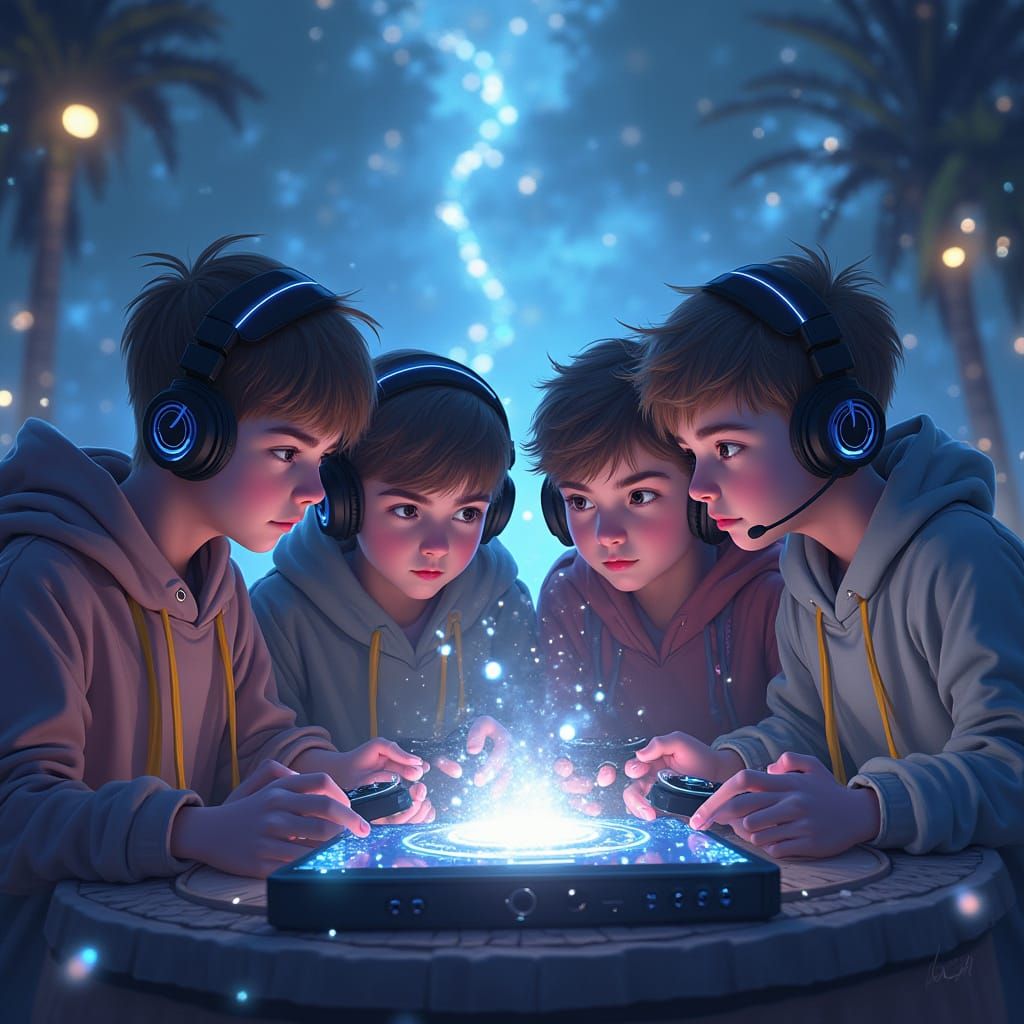 Glowing Auras Surround Four Boys in Whimsical Gaming Scene