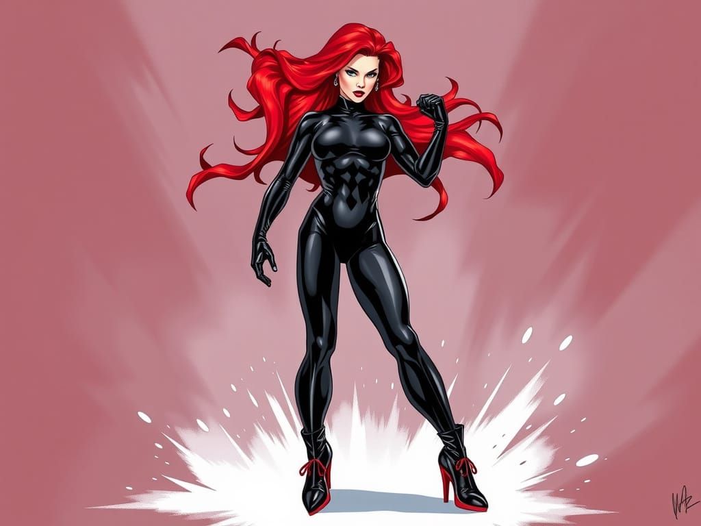 Comics style: 25 year old woman with very long red hair, lat...