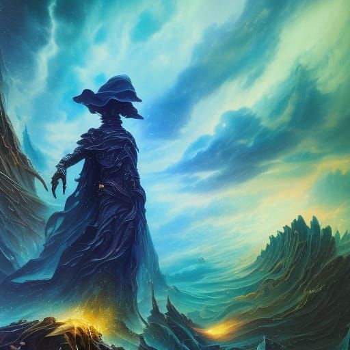 Mysterious Figure in Cosmic Surrealist Oil Painting