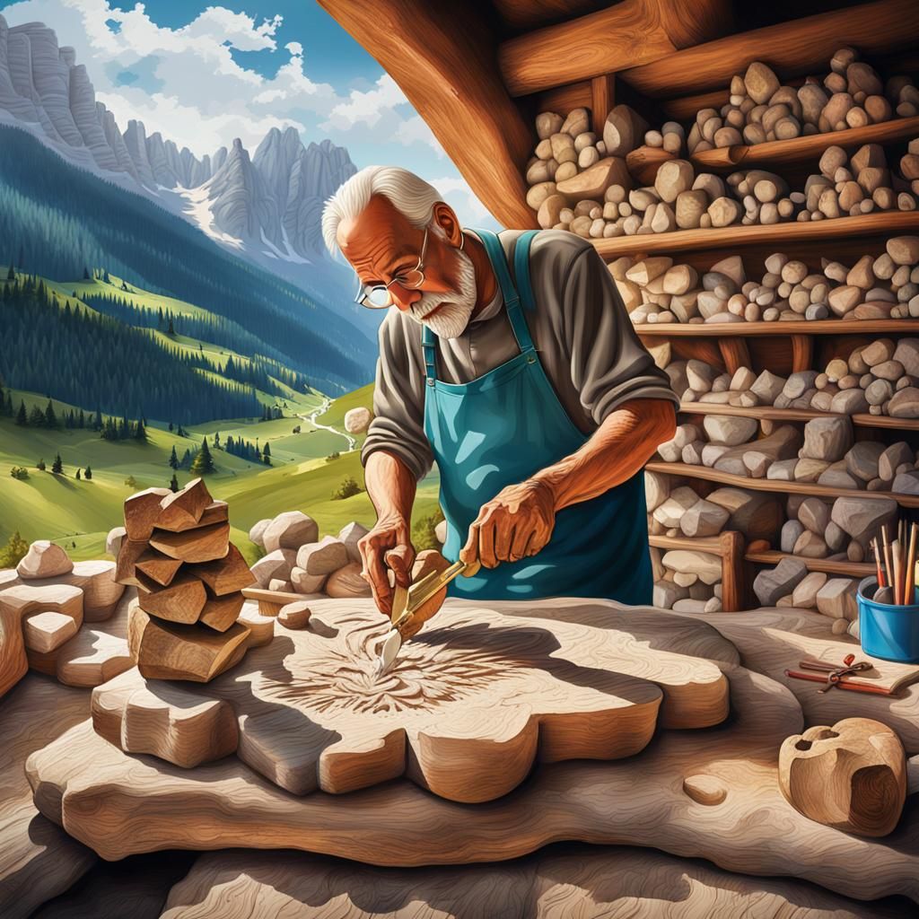 Sculptor Carves Glittering Wooden Heart in Alps Landscape