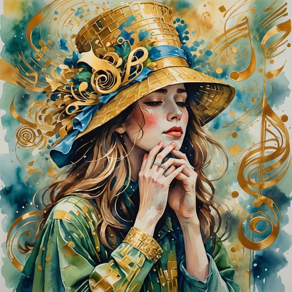 Woman in Whimsical Hat with Musical Notes