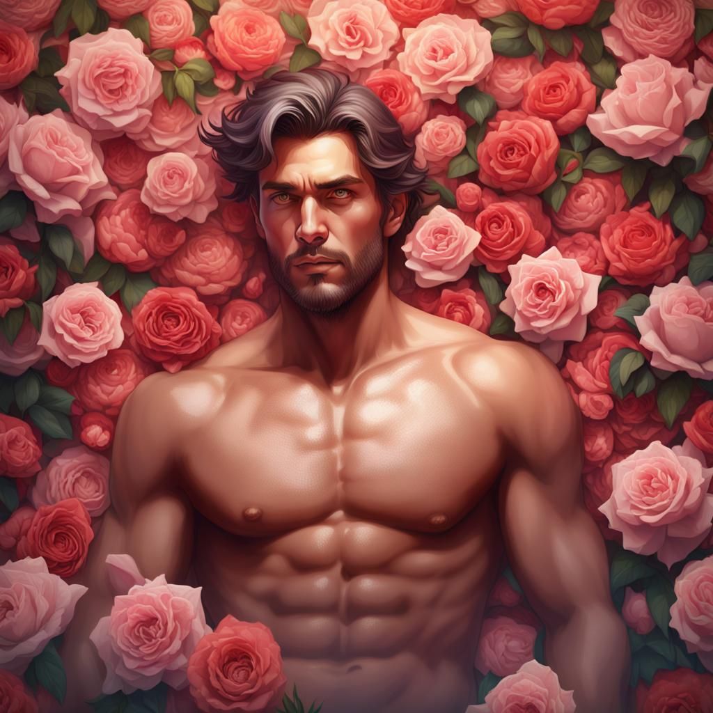 Shirtless Man on Roses, Hyperdetailed Portrait