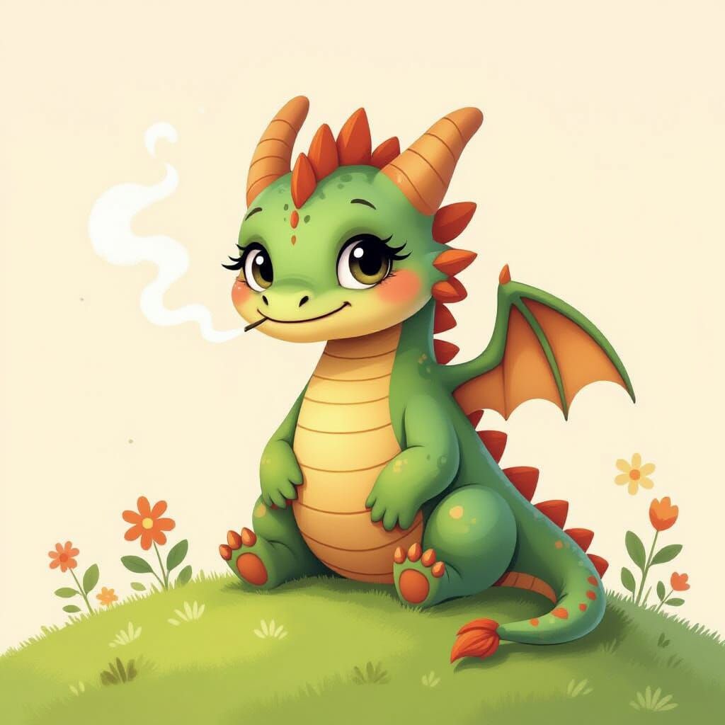 Friendly Dragon on Grassy Hill: Retro Children's Book Art