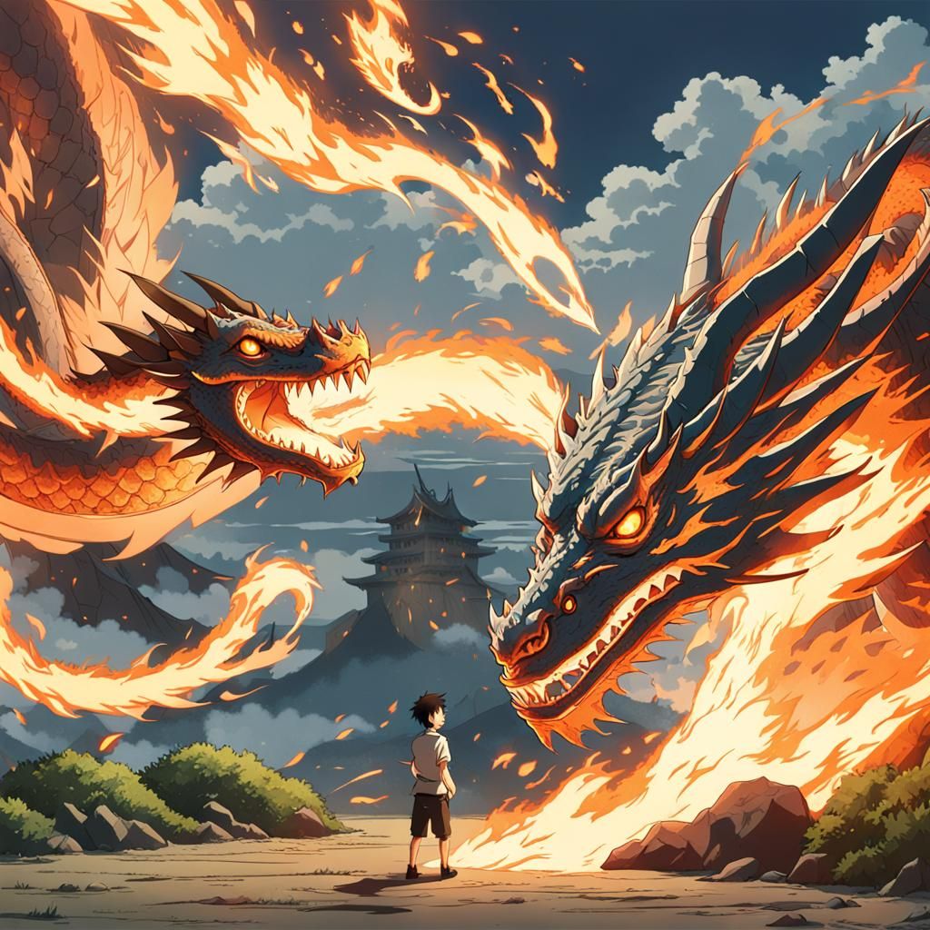 Fiery Anime Battle: Man Punches Fire Dragon