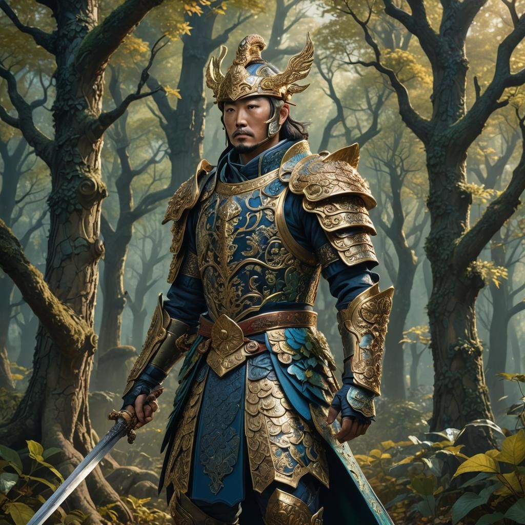 Korean Hero in Mystical Forest: Fantasy Art