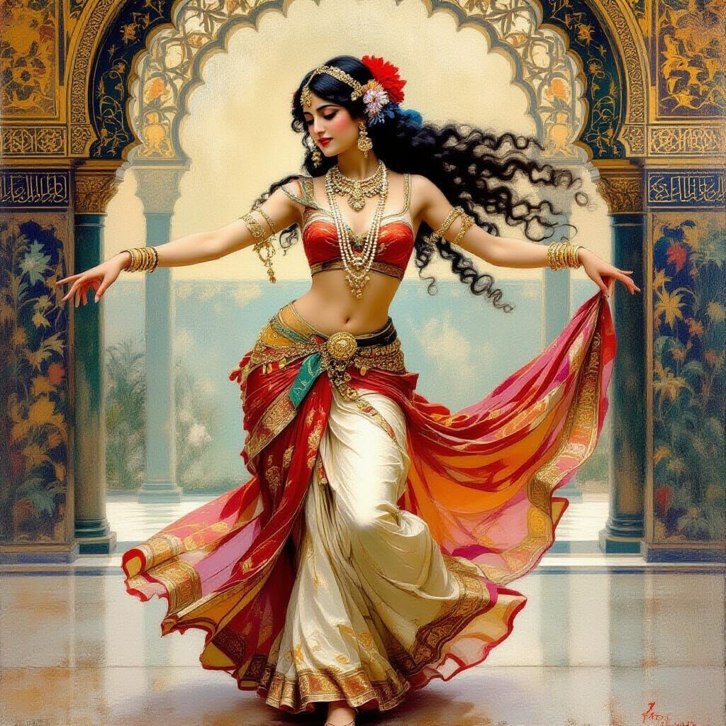Elegant Oriental Dancer in Silk and Gold