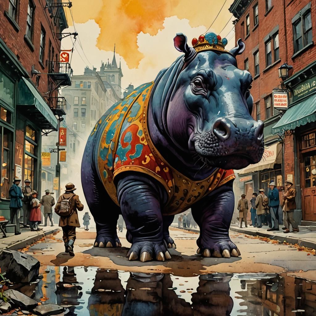 Giant Velvet Hippo in Watercolor and Ink