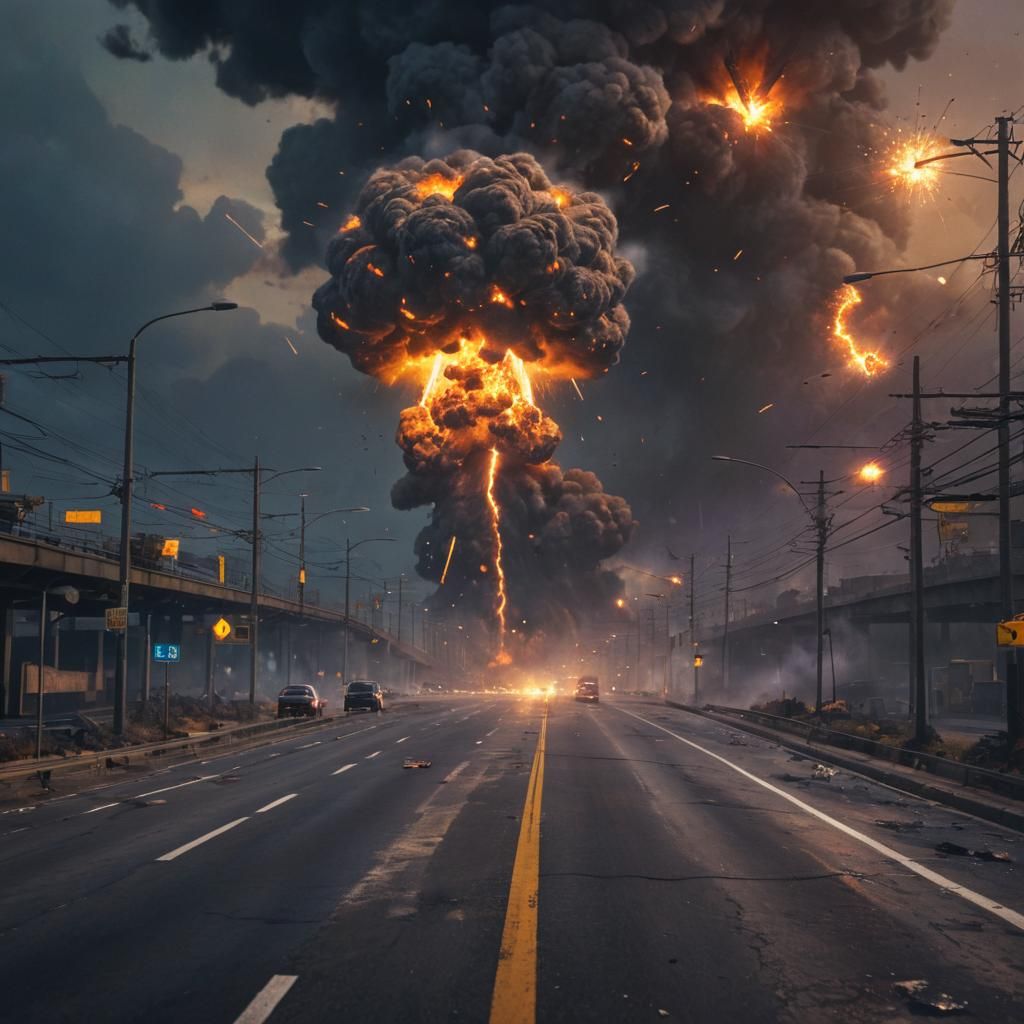 Nuclear Blast on Highway in Dystopian Art