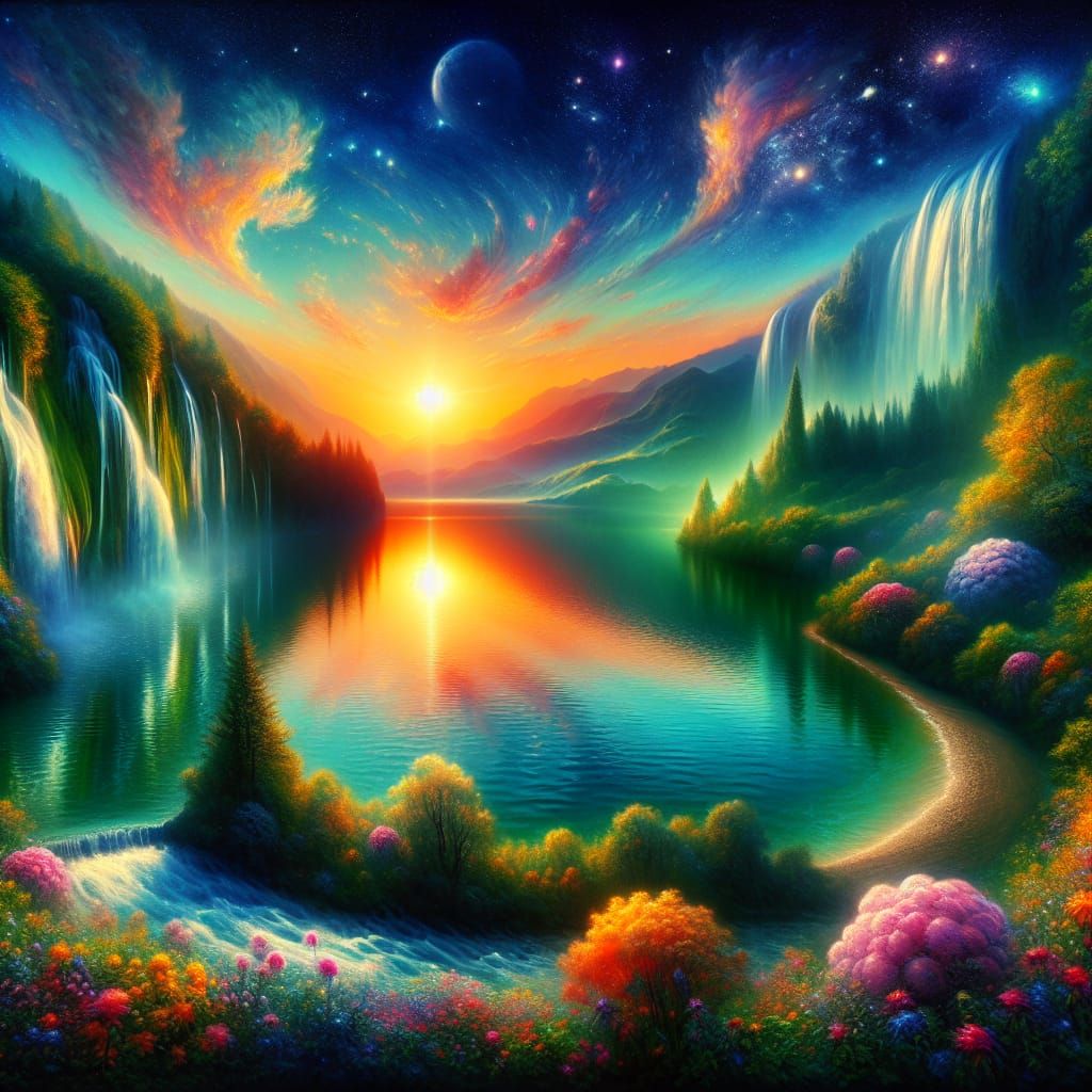 Surreal Mountain Lake Sunrise Oil Painting
