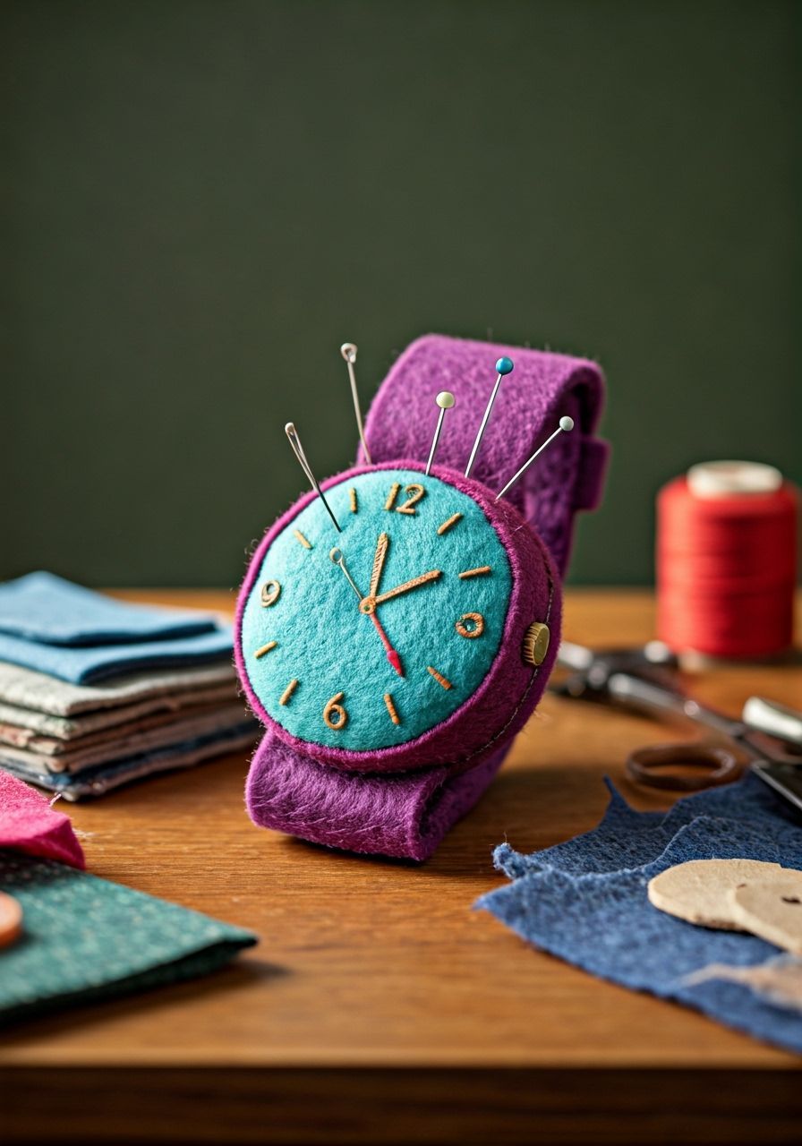 Felt Wrist-Watch Pin-Cushion on Sewing Table