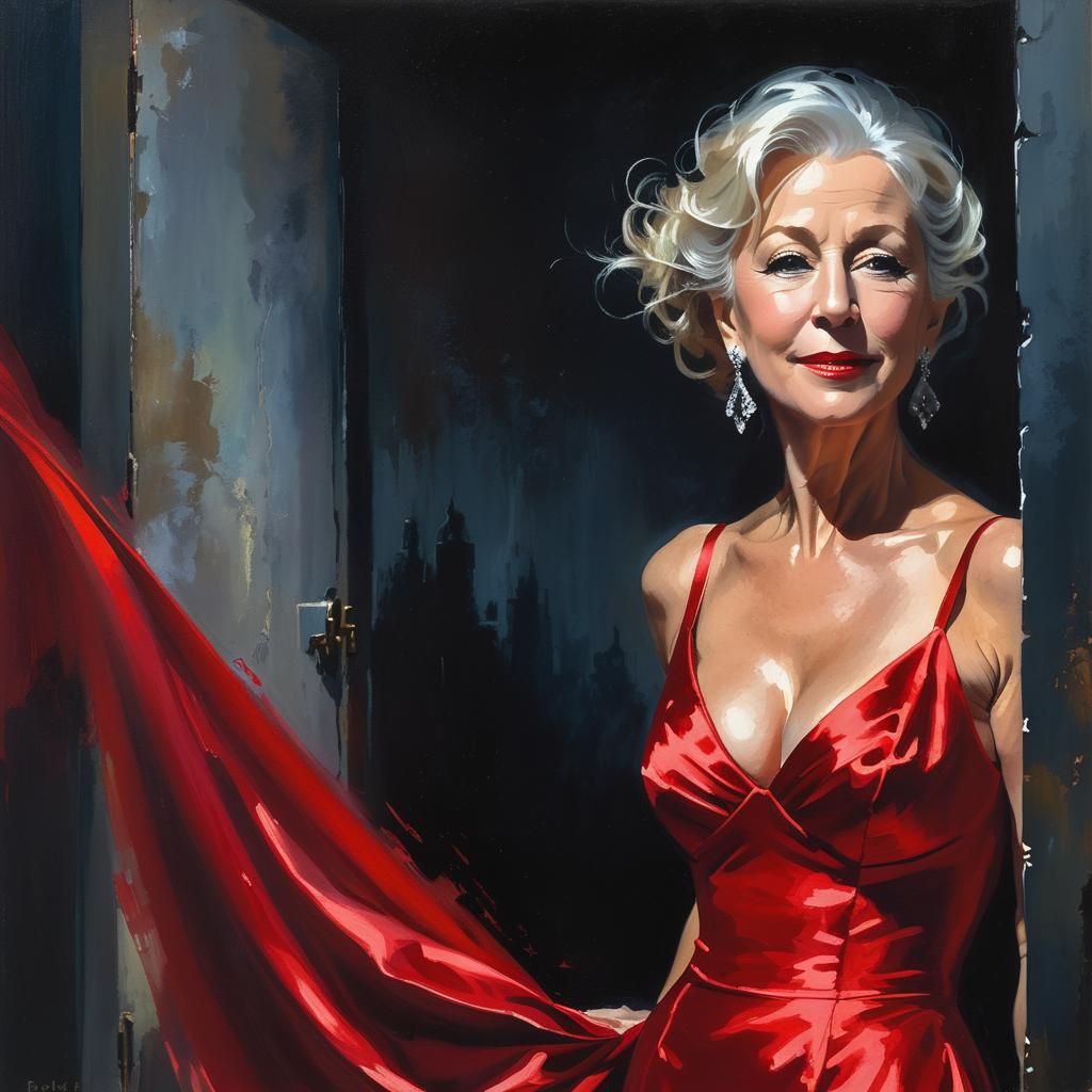 Helen Mirren in Red Gown: Impressionistic Oil Painting