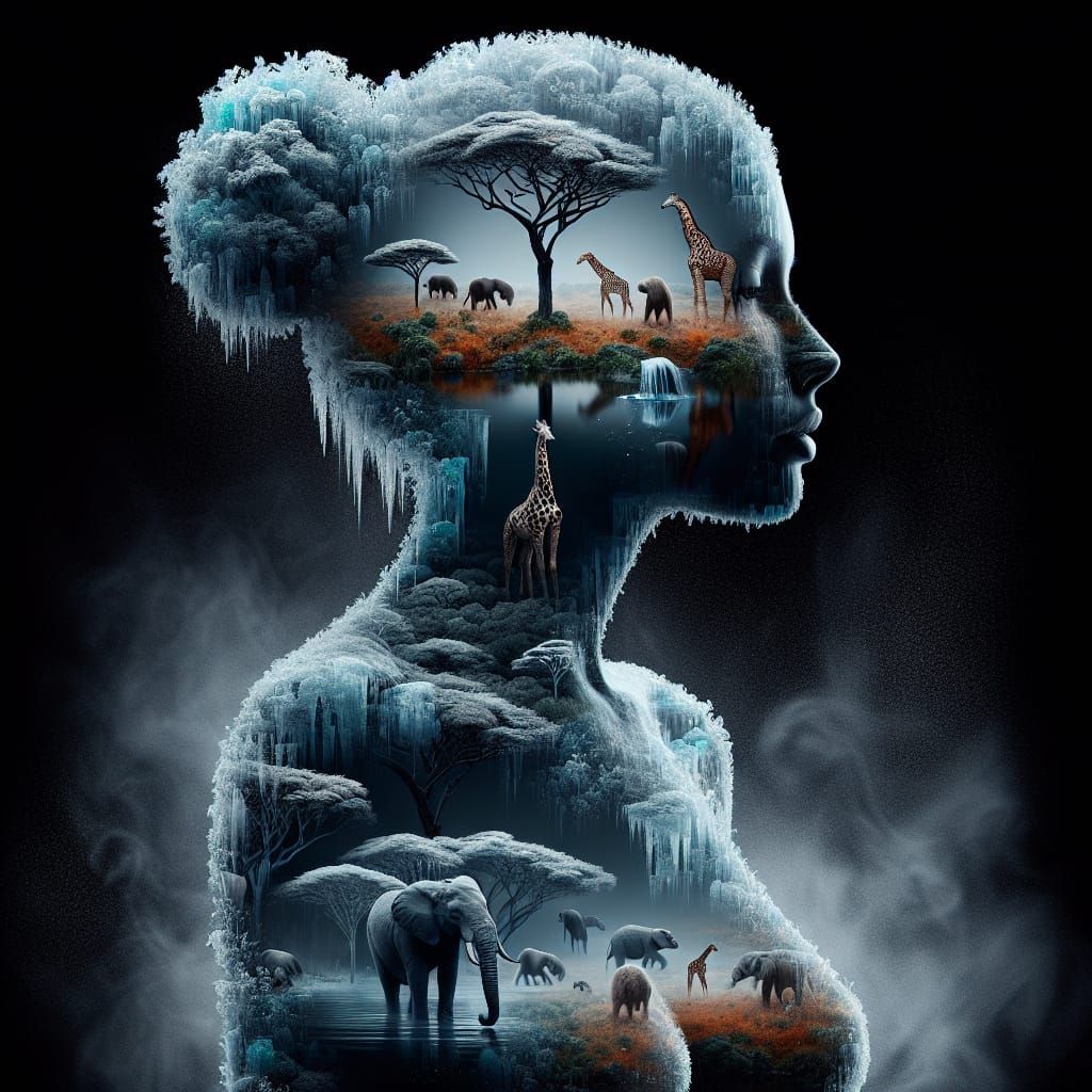 Ice Woman Reveals African Savannah: Double Exposure