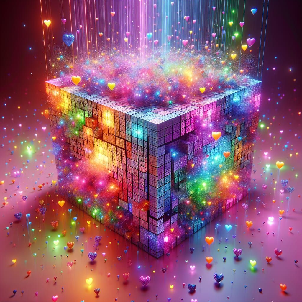 Rainbow Cube Radiating Hearts in Pastel Pink Void