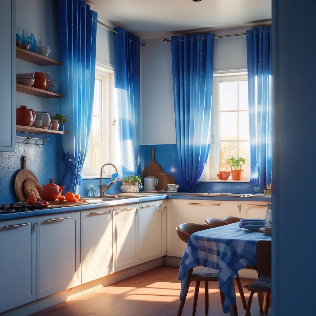Cozy Kitchen with Blue Curtains: 3D Digital Art