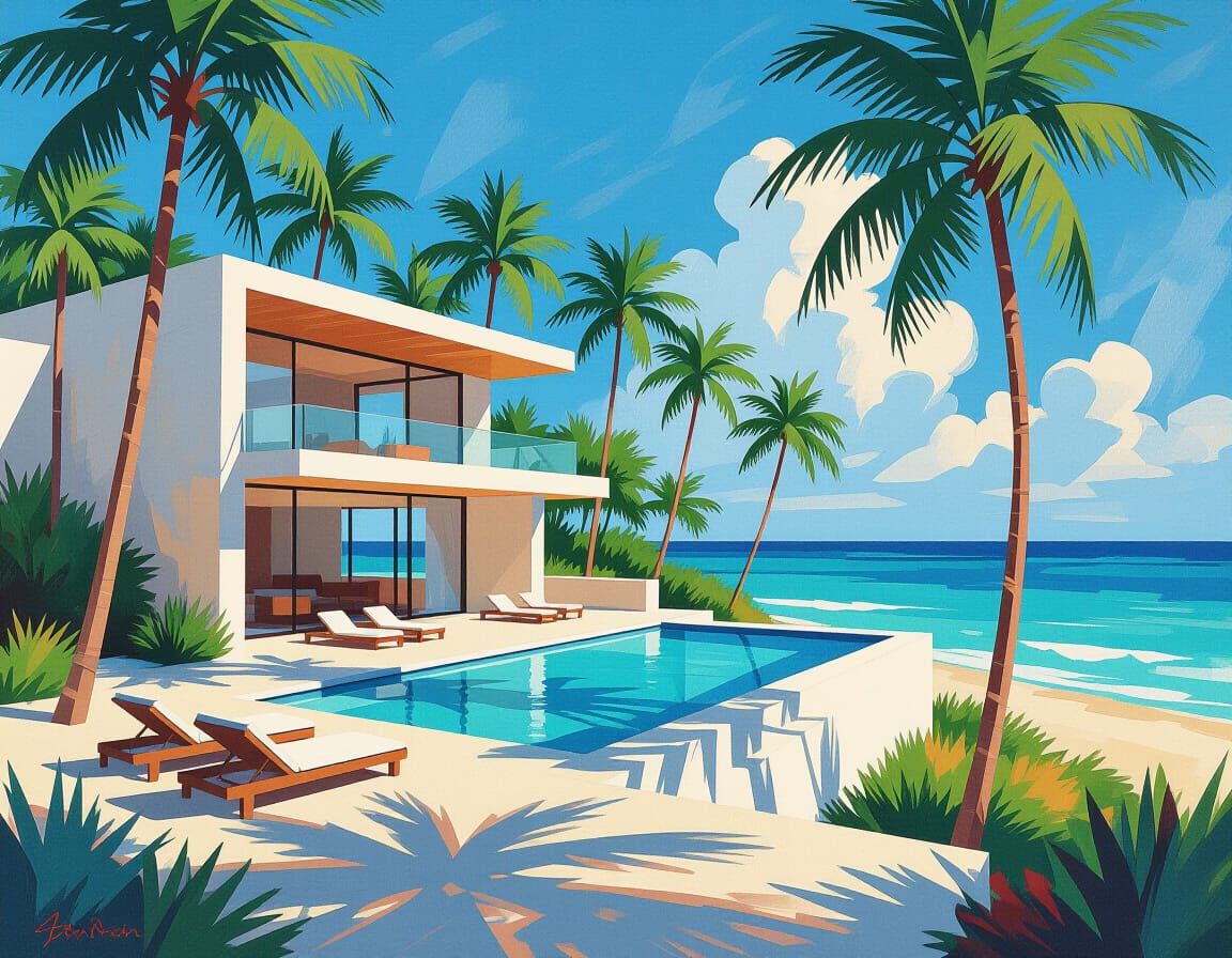Modernist House by the Ocean in Oil Painting Style