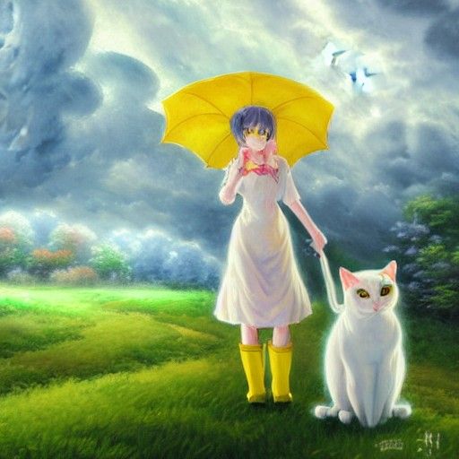 Anime Cat Girl in Yellow Dress, Gouache Art