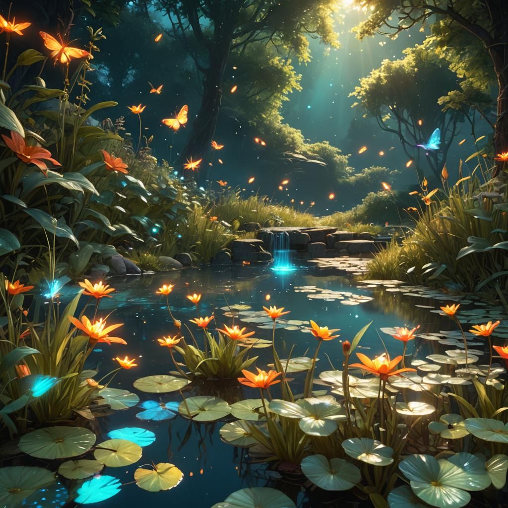 Firefly Shimmers on Summer Pond, Art Nouveau Style