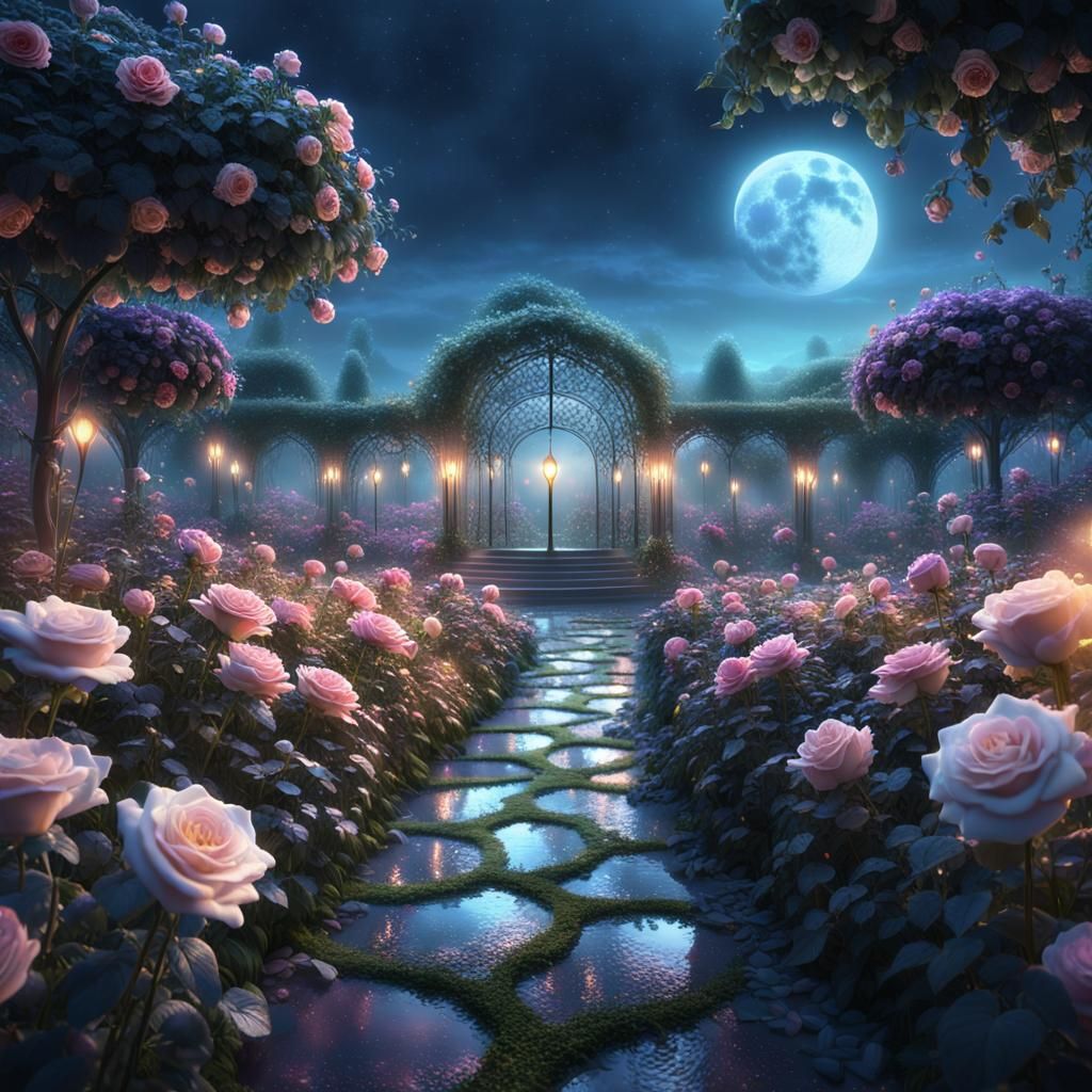 Rose Garden Under Moonlight in Digital Matte Painting Style
