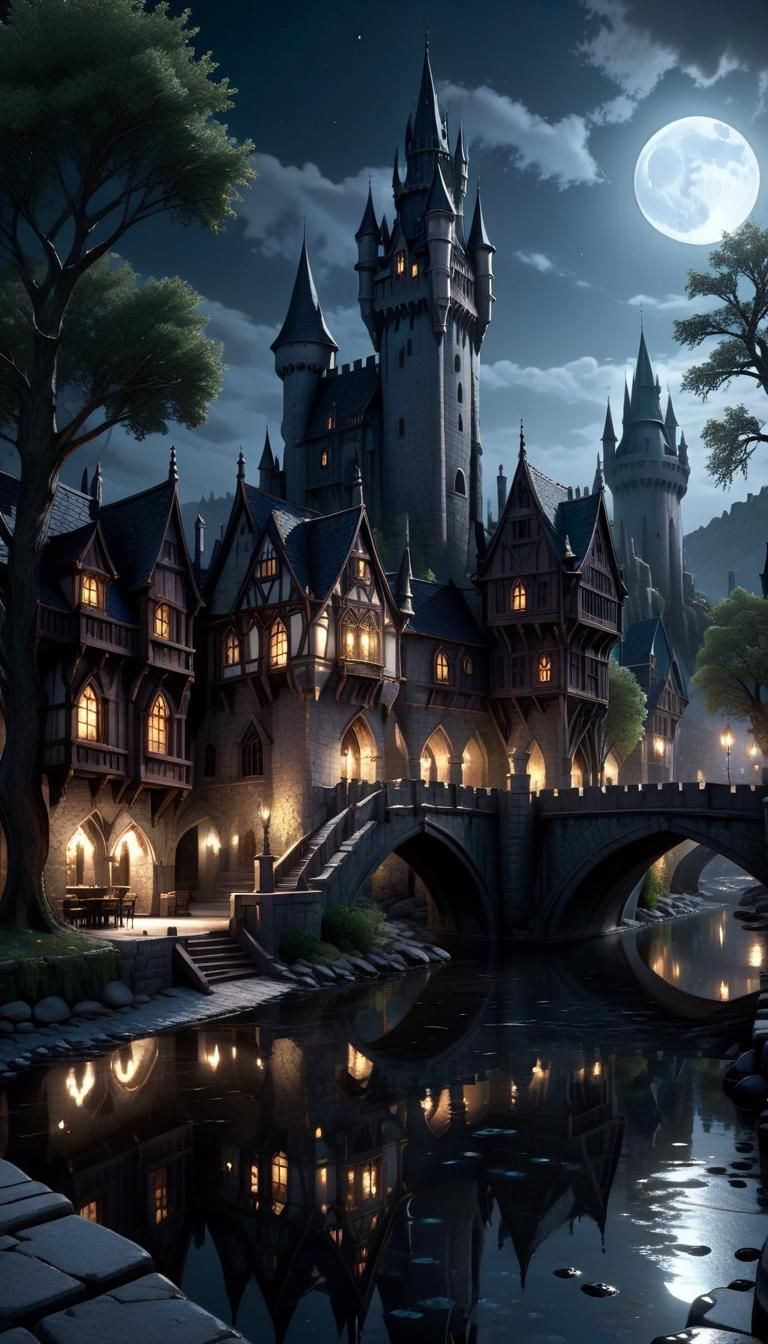 Concept art beautiful Gothic town surrounding dimly lit fant...