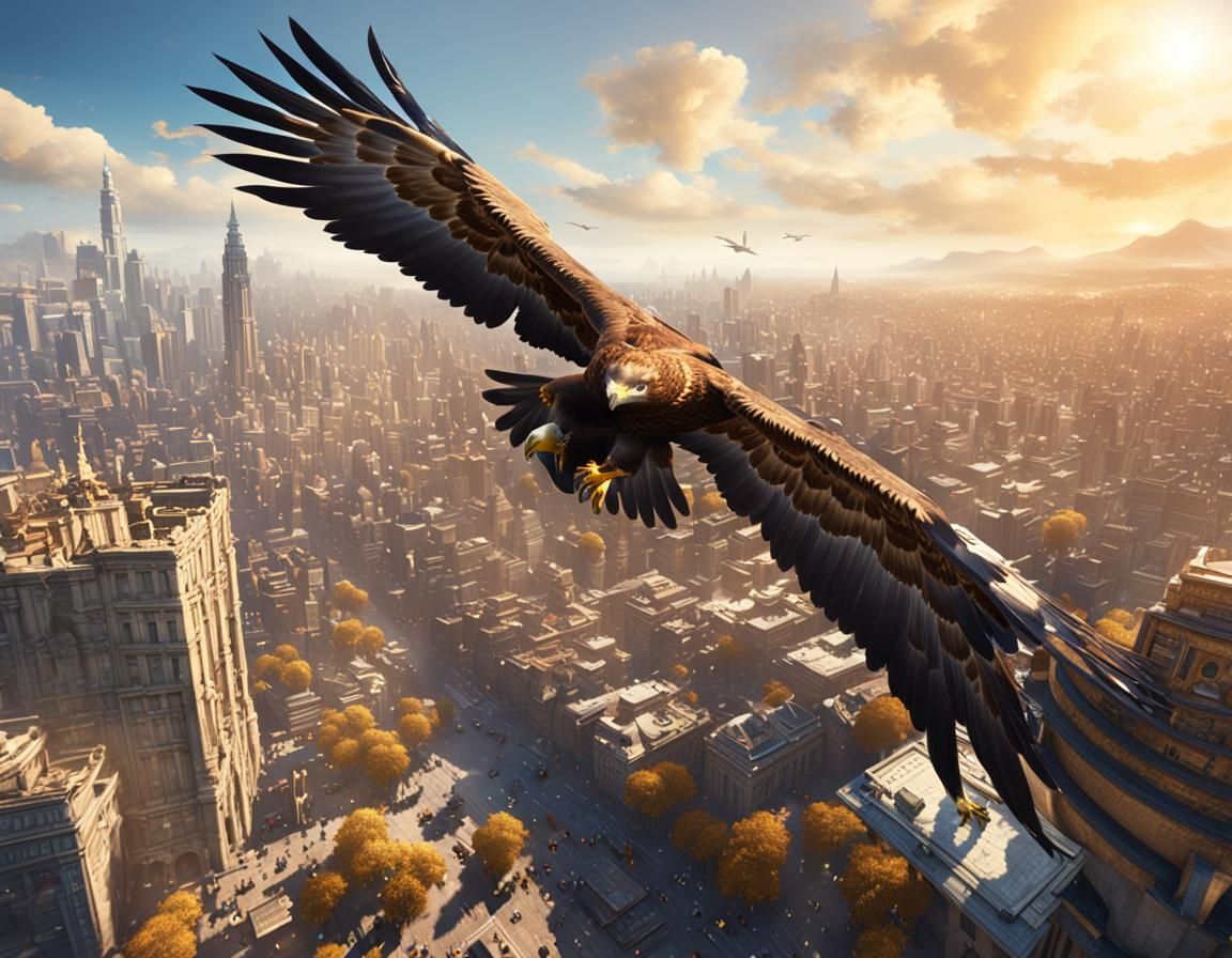 Golden Eagle Soaring Over City: Matte Painting