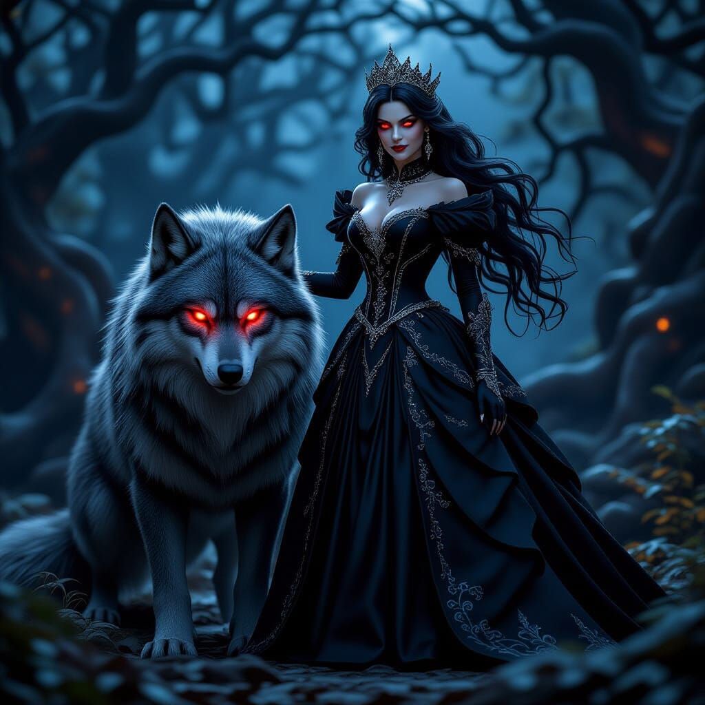 Evil Princess with Muscular Wolf in Dark Forest