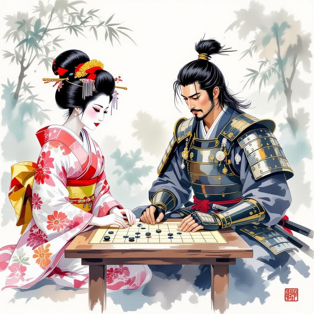 Geisha and Samurai Playing Go in Watercolor Style