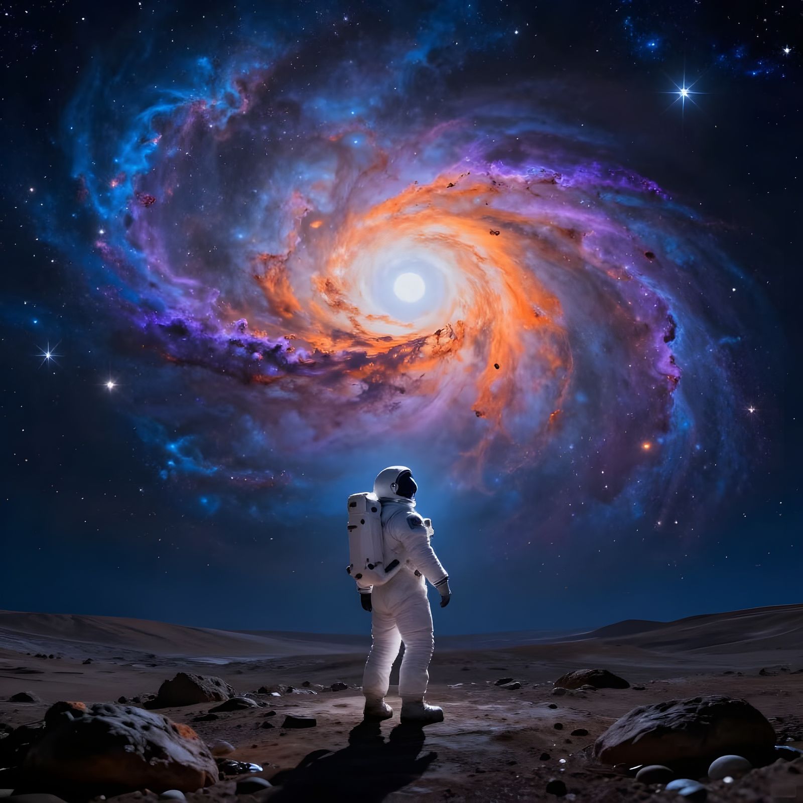 Astronaut Gazes at Nebula Sky on Alien Planet
