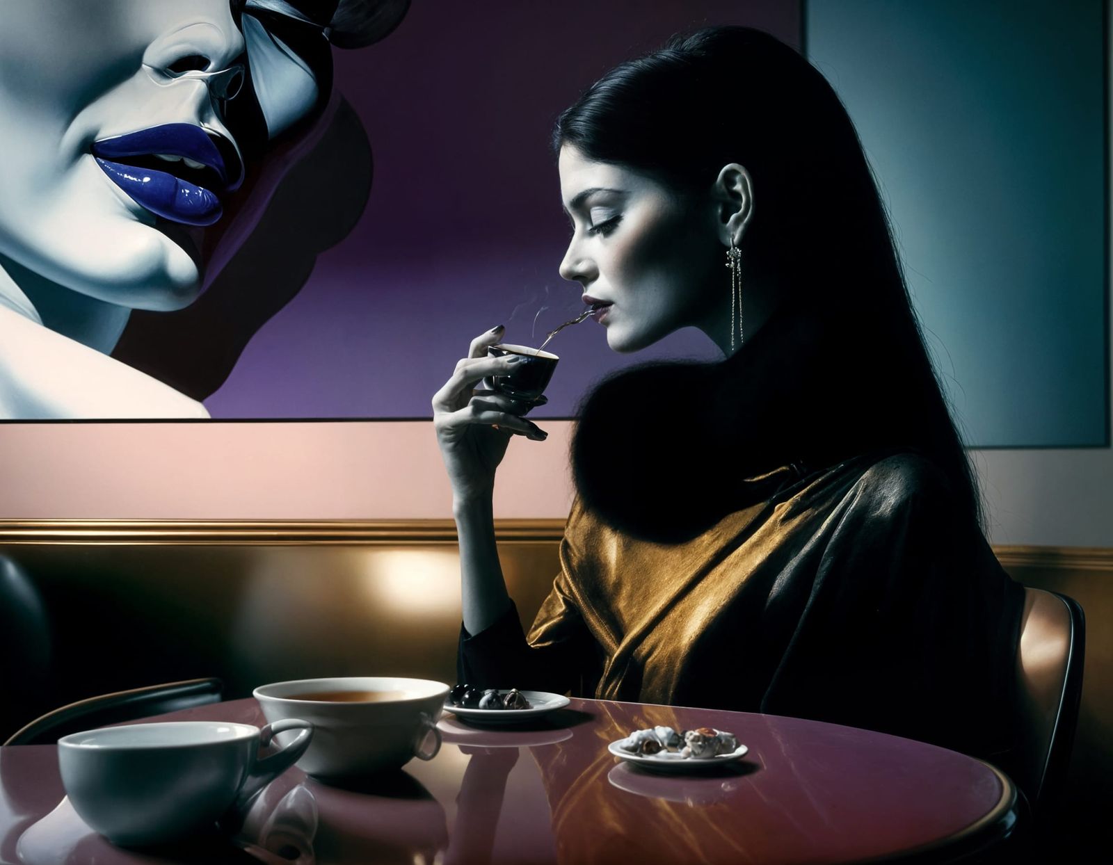 Photorealistic Portrait of Woman in Cafe with Tea