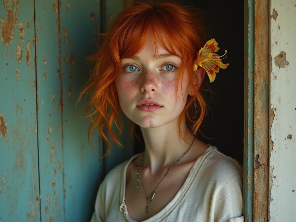 full body tiger lily young 30ish ginger hair freckled cross-eyed sly grin gangly long neck homely woman grunge couture t...