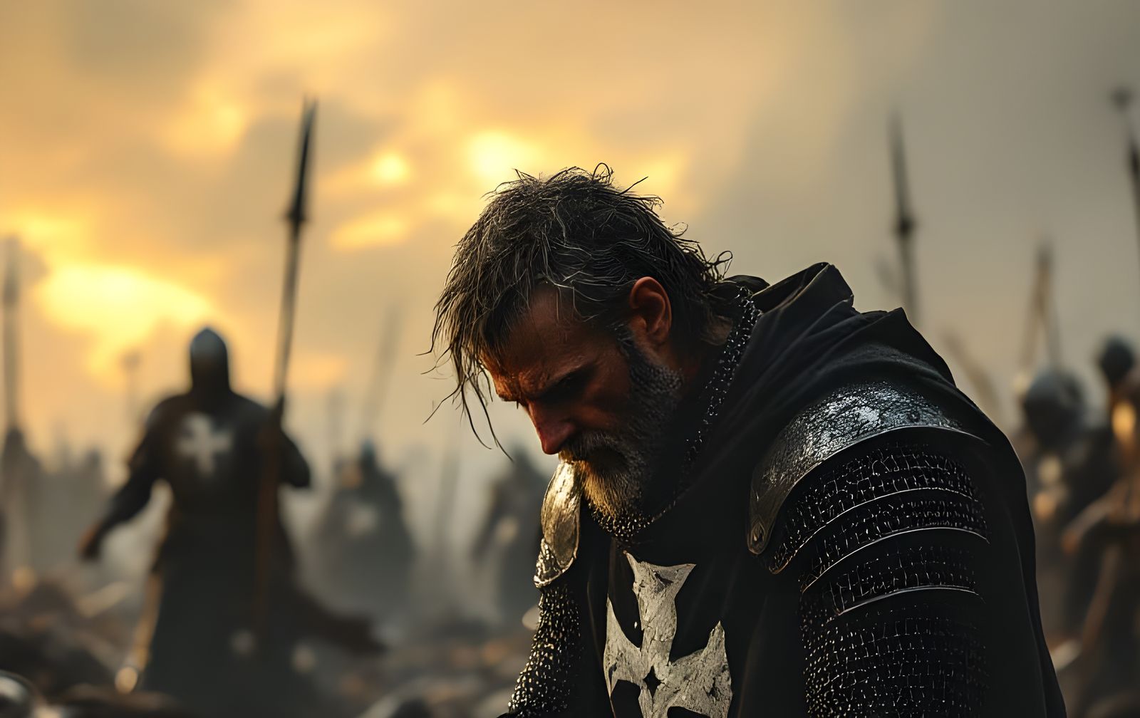 Crusader Kneels in Prayer After Battle