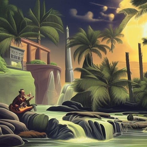 Photorealistic Surrealist Paradise in Deep Triadic Colors