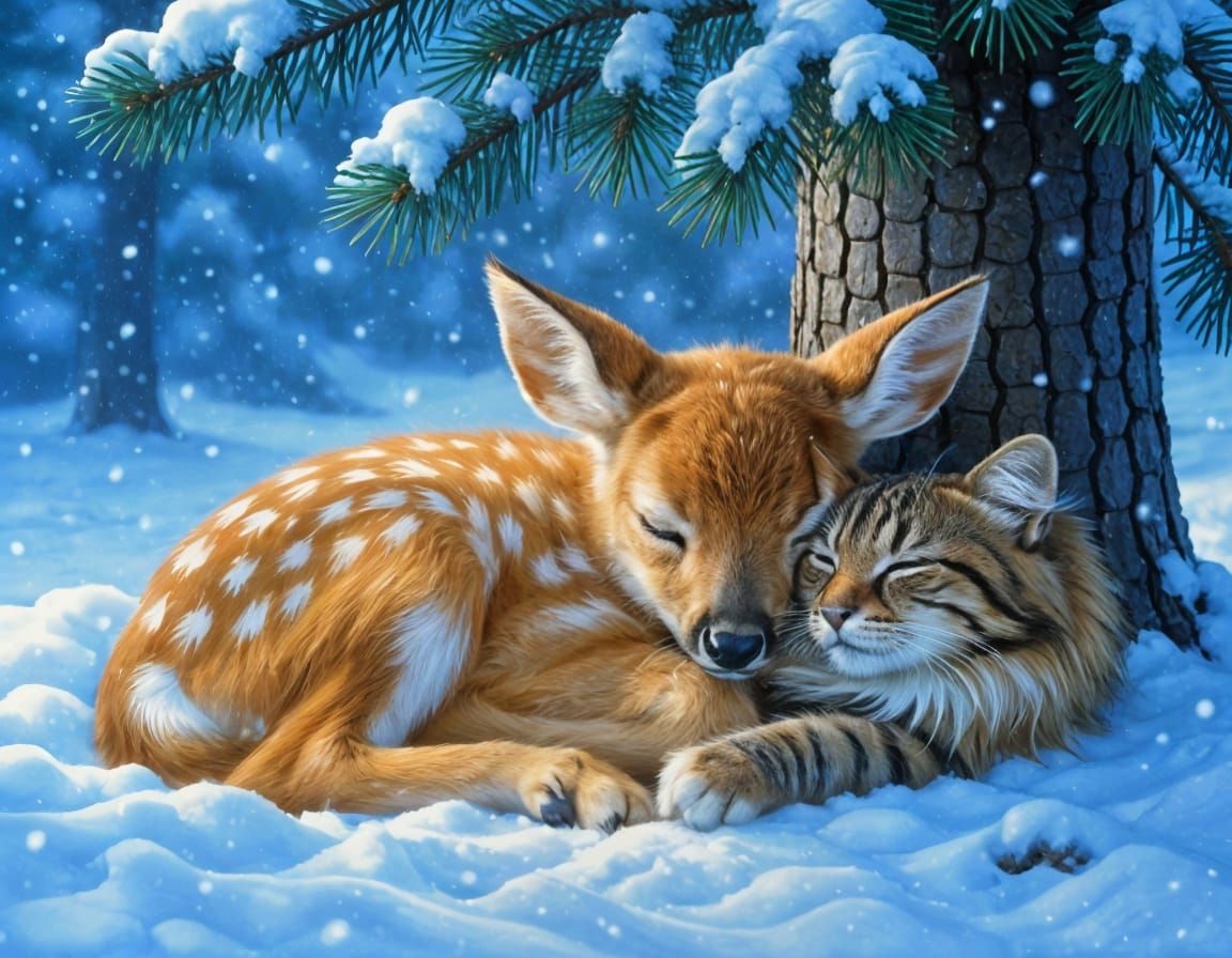 Adorable Fawn and Cat Sleep in Snowy Blizzard