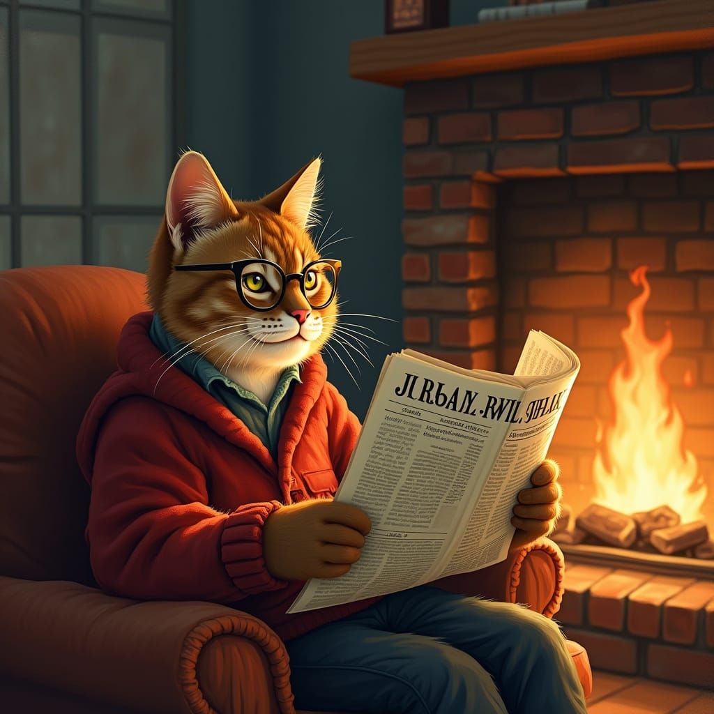 Cozy Cat Reads the Wall Street Journal, Rockwell Style