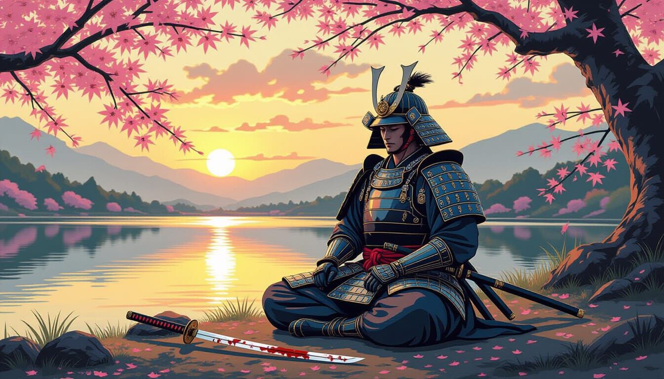 Samurai Meditating by Lake with Katana, in Ukiyo-e Style