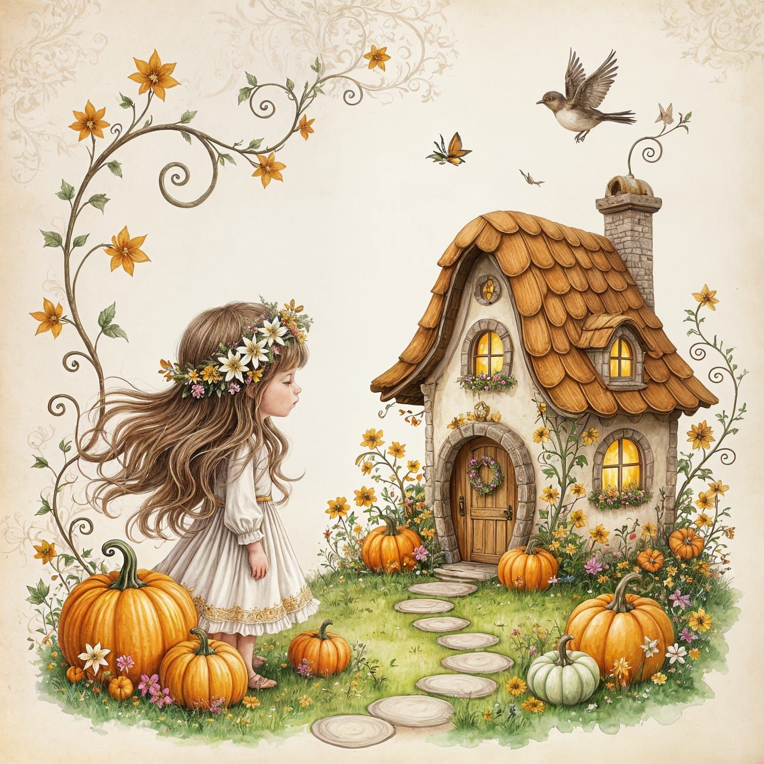 Whimsical Child in Floral Fantasy Scene with Enchanted Cotta...