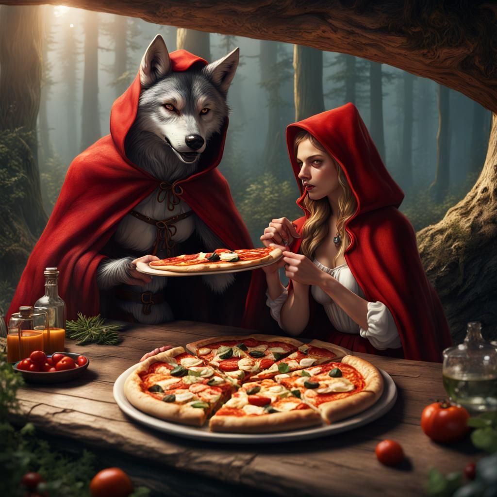Red Riding Hood and Wolf Share Pizza