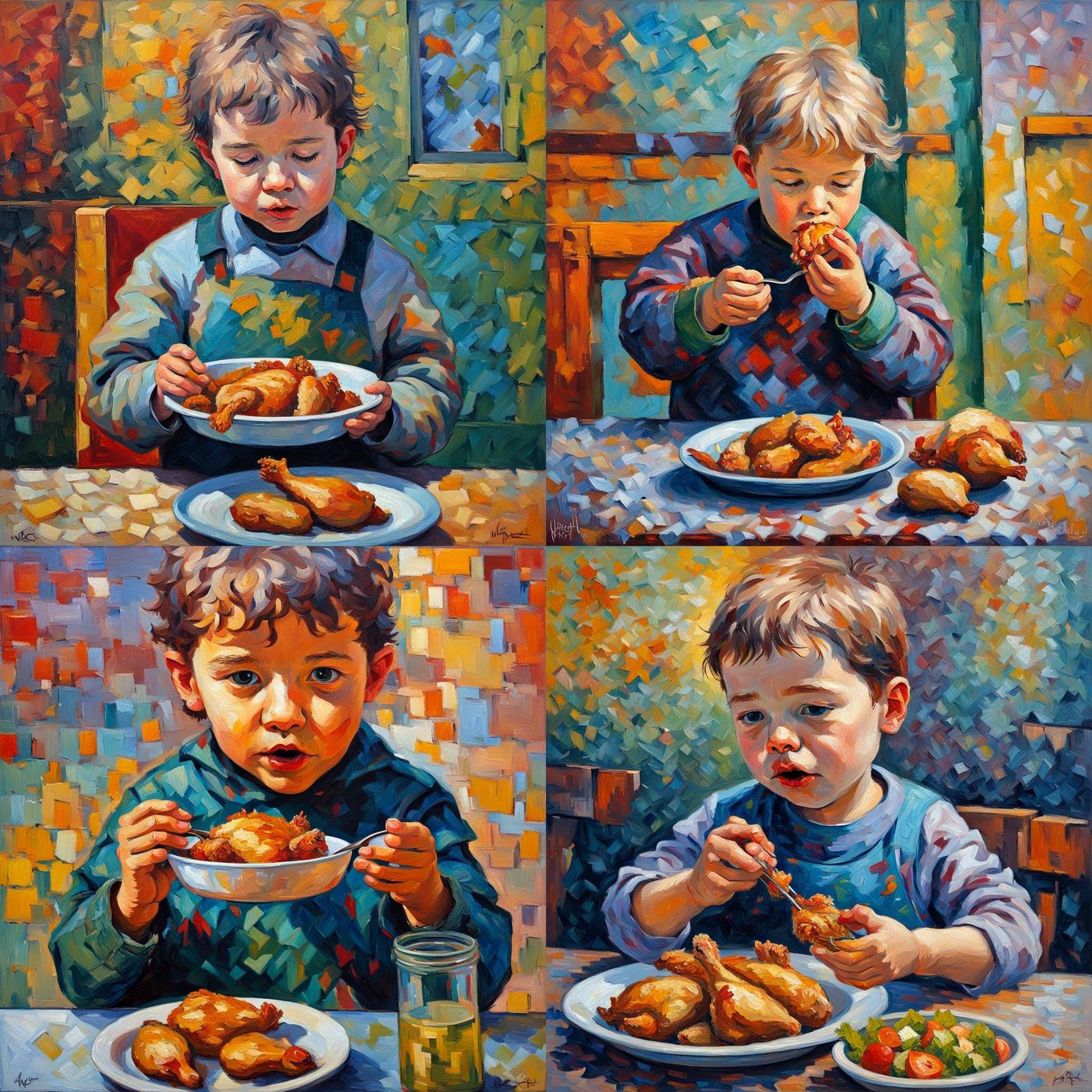 Child Eating Chicken: Expressionist Impasto Oil Painting