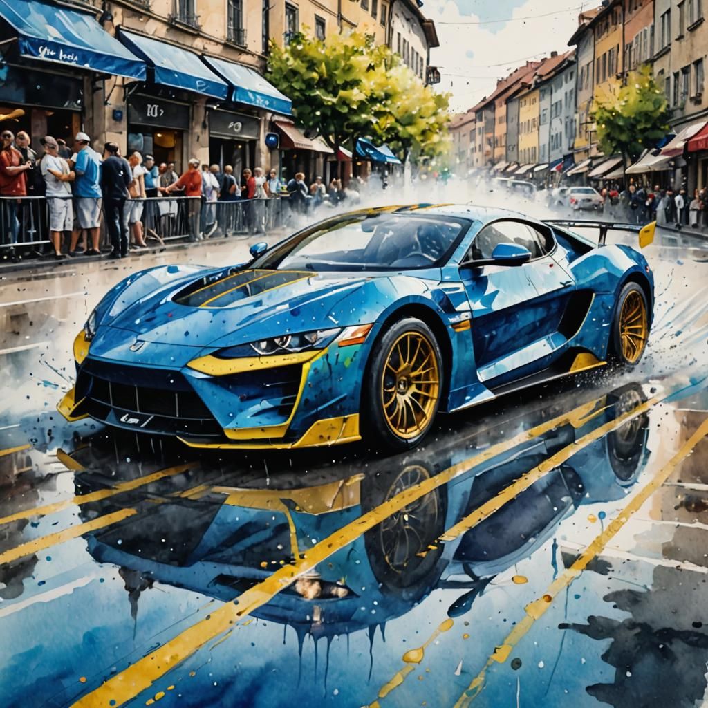 Electric Blue Supercar Drifting: Watercolour and Ink Paintin...